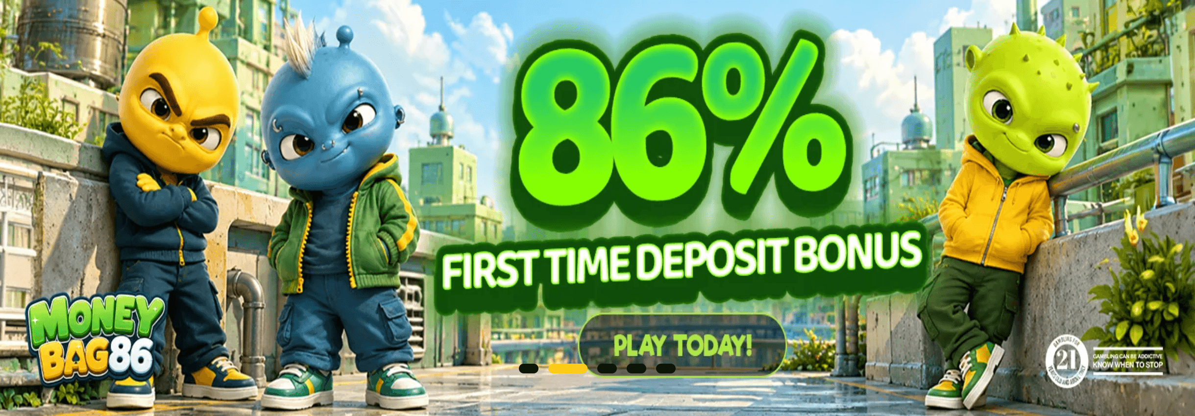 Moneybag86 86% first-time deposit bonus banner